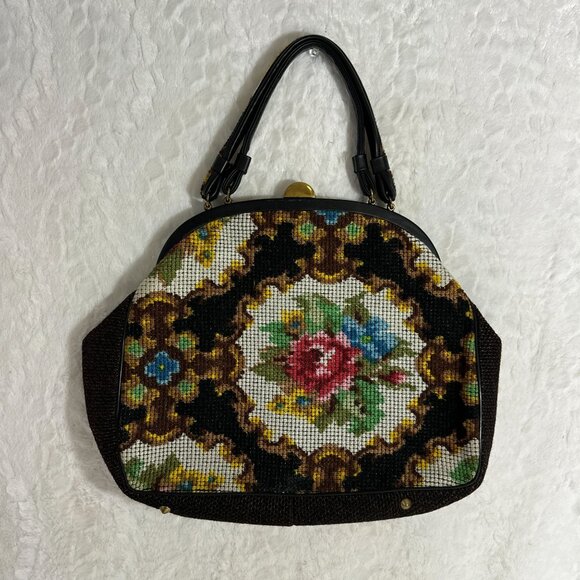 Vintage Garay Made In USA Carpet Satchel Handbag Dual Handles & Brass Accents - Picture 1 of 12